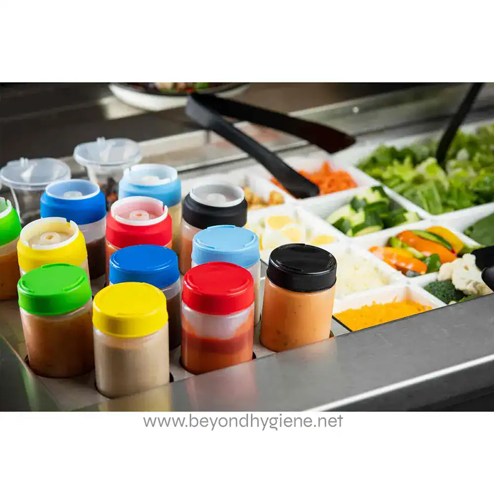 11 Multicolored condiment jars on a salad bar for food safety and hygiene at Beyond Hygiene Asia.