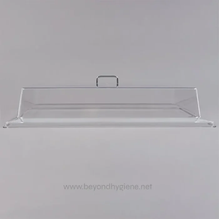 Optical clear acrylic soap or sanitizer dispenser tray for hygiene and sanitation maintenance.