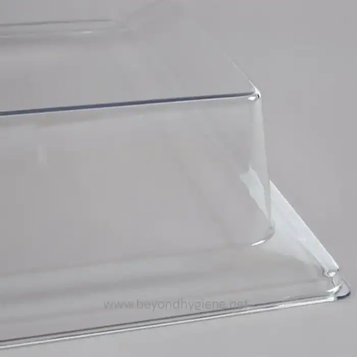 Clear acrylic display stand showcasing professional hygiene and sanitation products at Beyond Hygiene Asia. Ideal for enhancing cleanliness presentation and hygienic practices.