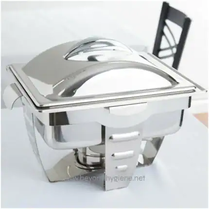 Stainless steel chafing dish for catering and buffet service, highlighting professional food warming equipment from Beyond Hygiene Asia.