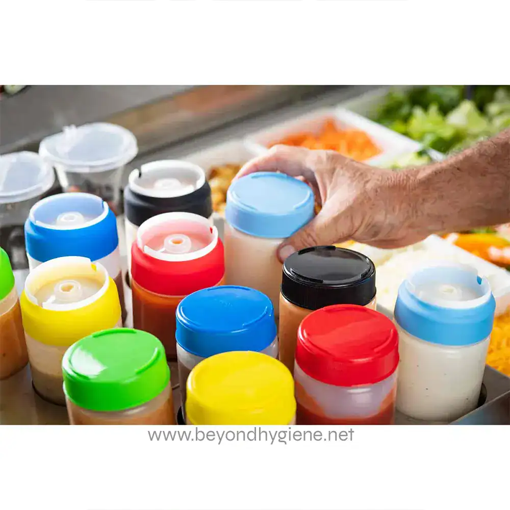 13 Multiple colorful condiment and sauce containers on a food market stall, with a hand reaching for one. Focus on hygiene, food service, and food prep sanitation in Asia.