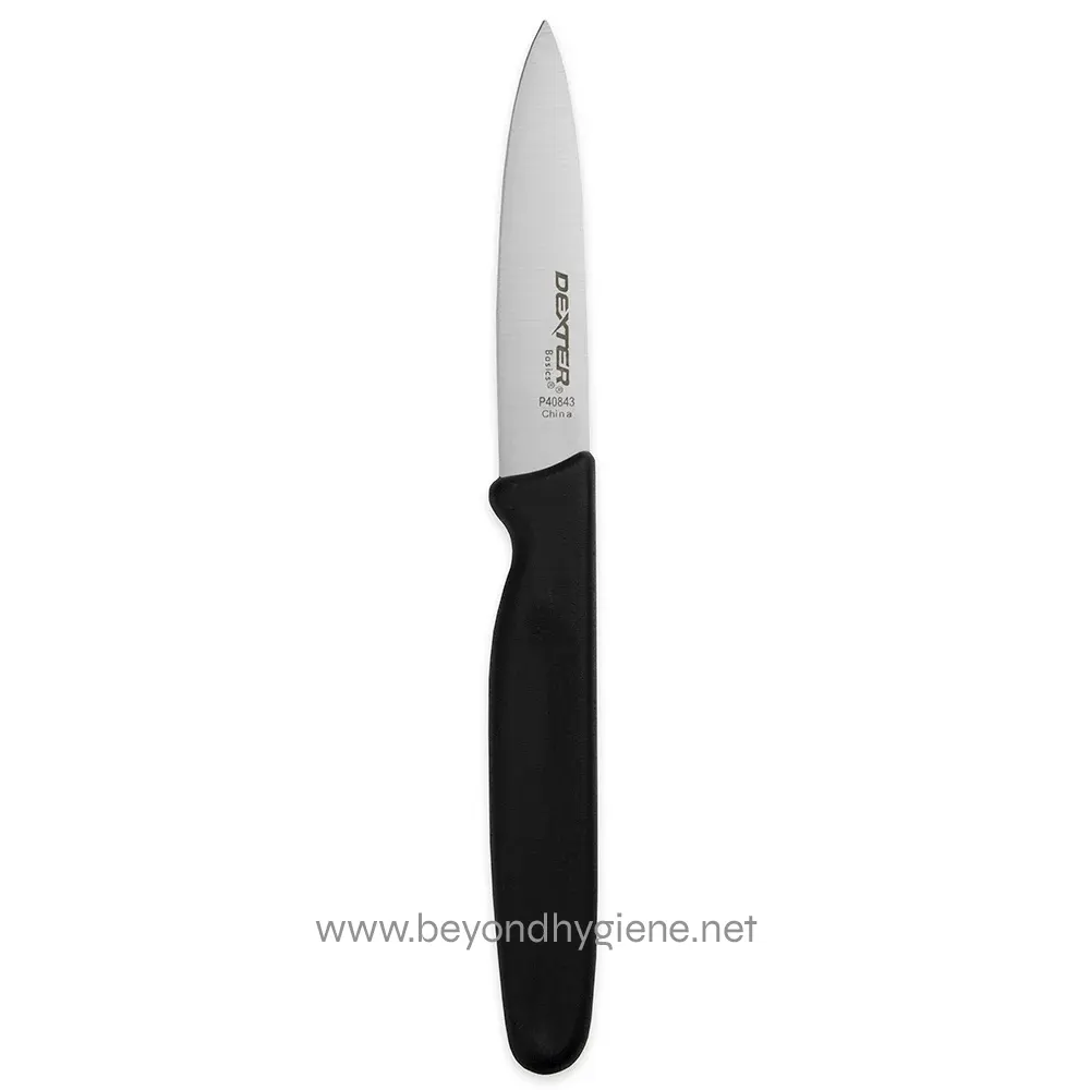Stainless steel kitchen paring knife with black handle, ideal for precision cutting and food prep. Durable and ergonomic design for efficient use in commercial and household kitchens.