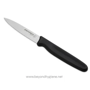 Stainless steel kitchen knife with black handle for food prep, durable and ergonomic design, easy to clean, ideal for slicing and chopping.