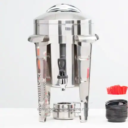 Stainless steel hot water dispenser with drip tray and manual tap, ideal for commercial hygiene solutions.