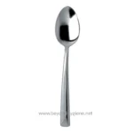 Polished stainless steel spoon, modern design, used for eating, cooking, or serving food in Asian hospitality and restaurant settings, emphasizing hygiene and durability.