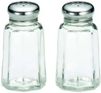Salt and pepper shakers, clear glass kitchen accessories, salt and pepper containers, spice shakers, tabletop condiments.