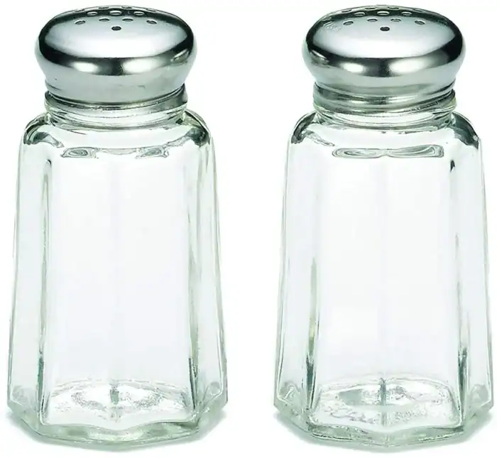 Salt and pepper shakers, clear glass kitchen accessories, salt and pepper containers, spice shakers, tabletop condiments.