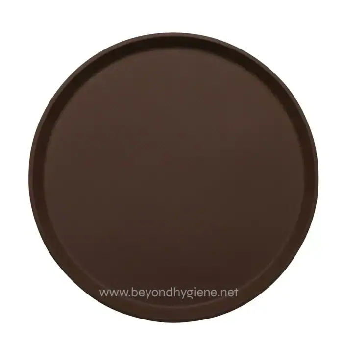 Brown round plastic tray for food service, catering, or snack presentation. Durable, versatile, and easy to clean, perfect for restaurants, cafes, or catering events in Asia.