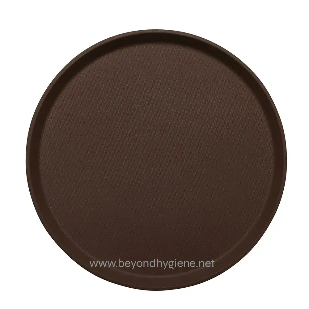 Brown round plastic tray for food service, catering, or snack presentation. Durable, versatile, and easy to clean, perfect for restaurants, cafes, or catering events in Asia.