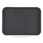 Black plastic tray for food service or food delivery, hygienic and durable. Suitable for kitchens, catering, and restaurant use. Clear and simple design emphasizes cleanliness and quality.
