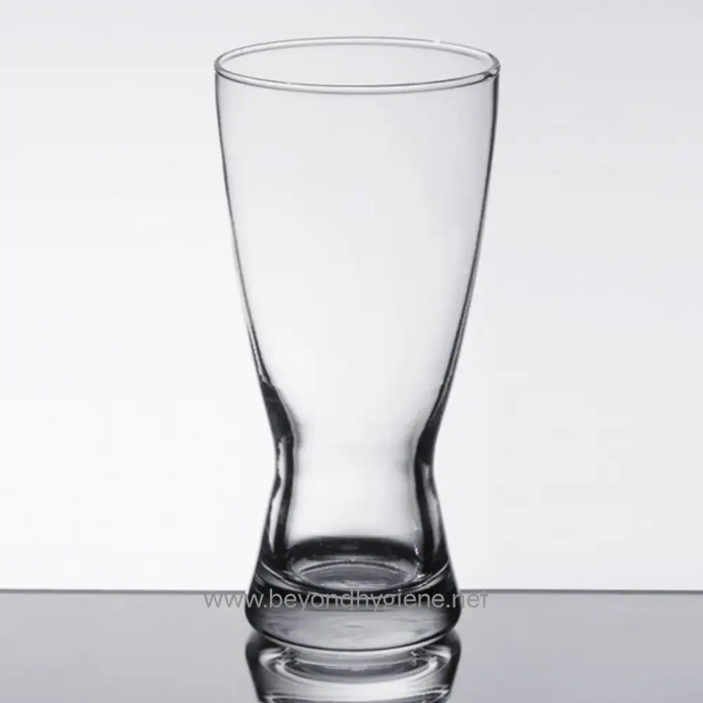Clear glass with a unique twisted design, emphasizing hygiene and cleanliness, perfect for showcasing drinking glassware or sanitation products.