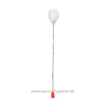 Stainless steel mixing spoon with red silicone handle for professional kitchen and food safety hygiene.