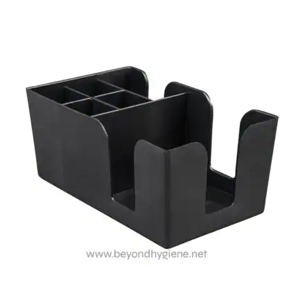 Stainless steel sink organizer with multiple compartments for kitchen or bathroom storage, perfect for organizing brushes, sponges, and cleaning supplies.