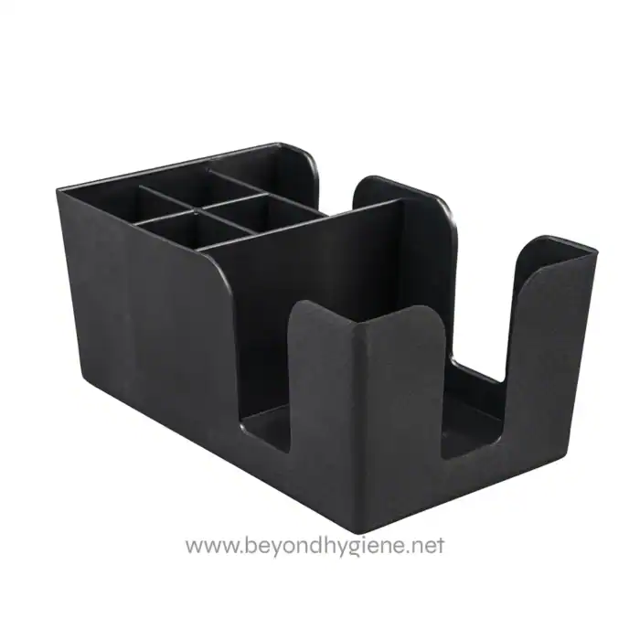 Stainless steel sink organizer with multiple compartments for kitchen or bathroom storage, perfect for organizing brushes, sponges, and cleaning supplies.