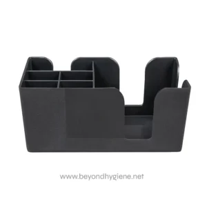 Black plastic desktop organizer with multiple compartments, ideal for office supplies and stationery storage. Durable design from Beyond Hygiene Asia.