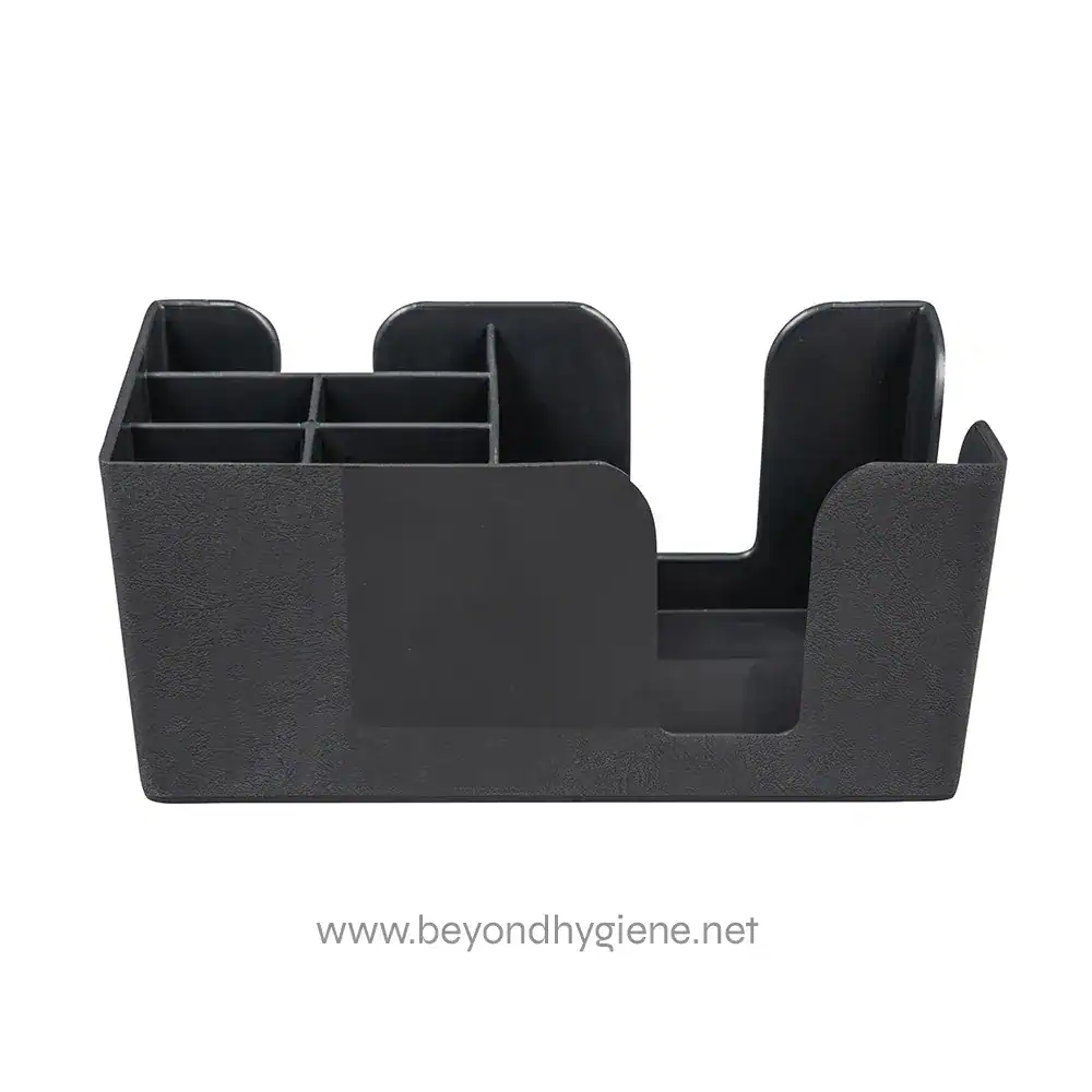 166-bar6_002 Black plastic desktop organizer with multiple compartments, ideal for office supplies and stationery storage. Durable design from Beyond Hygiene Asia.