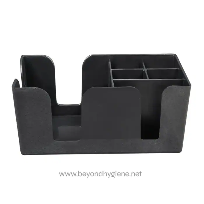 Stackable black plastic desk organizer for office supplies and stationery.