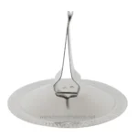 Stainless steel tongs resting on a white disposable plate, used for hygienic food handling and service in Asia.