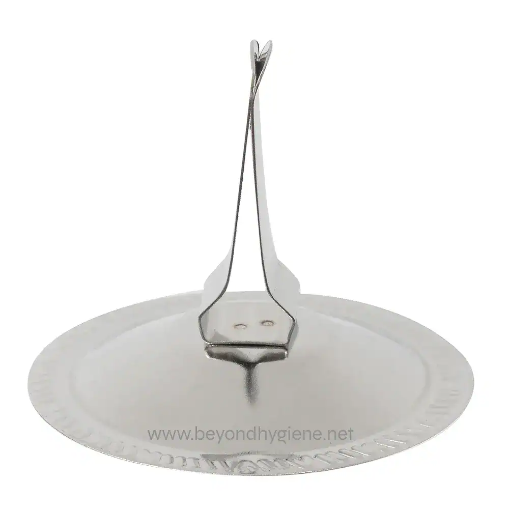 166-mh250_002 Stainless steel tongs resting on a white disposable plate, used for hygienic food handling and service in Asia.