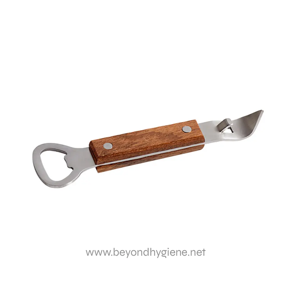 Stainless steel cheese knife with wooden handle, designed for cheese cutting and serving, ideal for catering and food presentation.