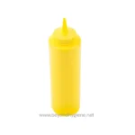 Yellow squeeze bottle with nozzle, commonly used for condiments or cleaning supplies, on a white background.