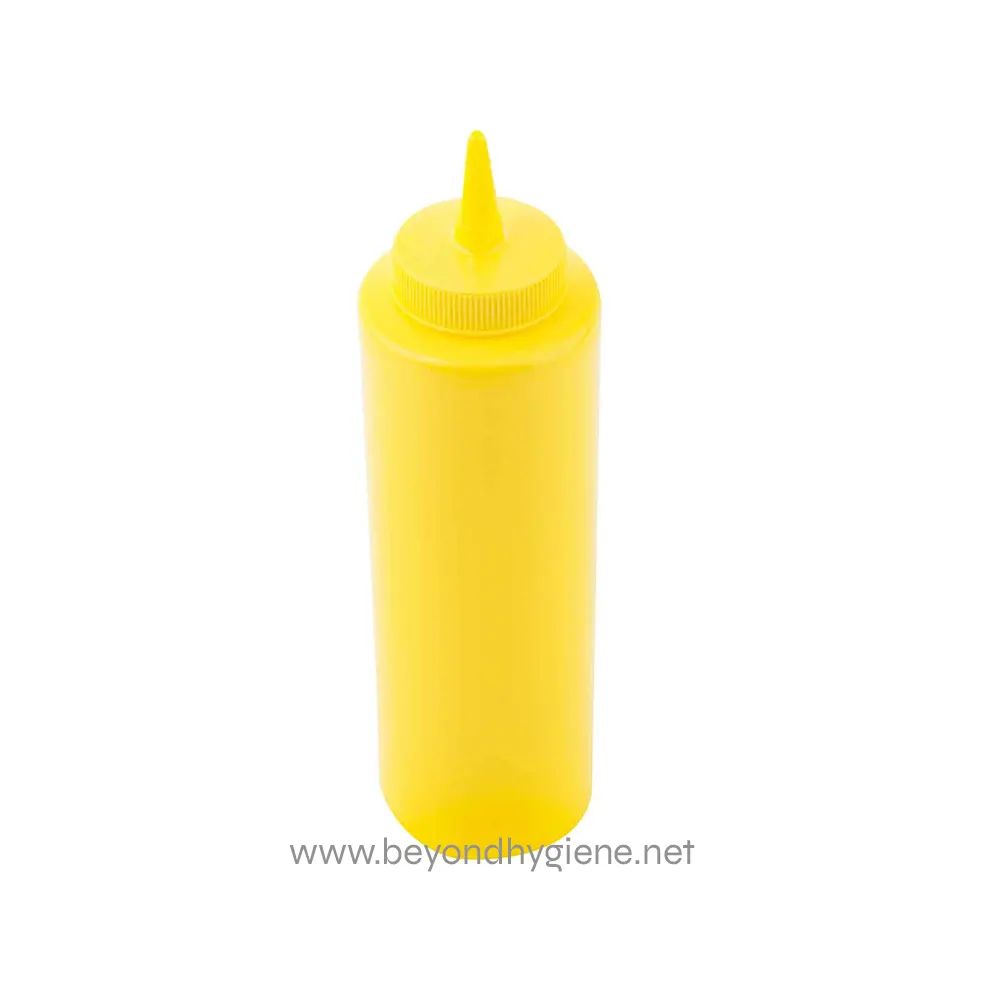 2 Yellow squeeze bottle with nozzle, commonly used for condiments or cleaning supplies, on a white background.