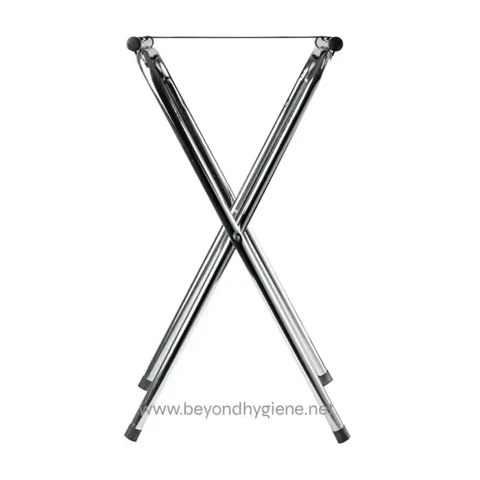 Chrome luggage rack for hotel and hospitality cleaning services, durable, portable, and easy to assemble, perfect for guest room sanitation and hygiene standards.