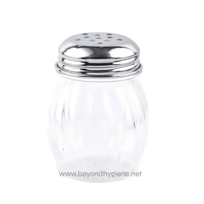Stainless steel salt shaker with glass body, ideal for casual dining and table condiment storage, emphasizing hygiene and convenience.