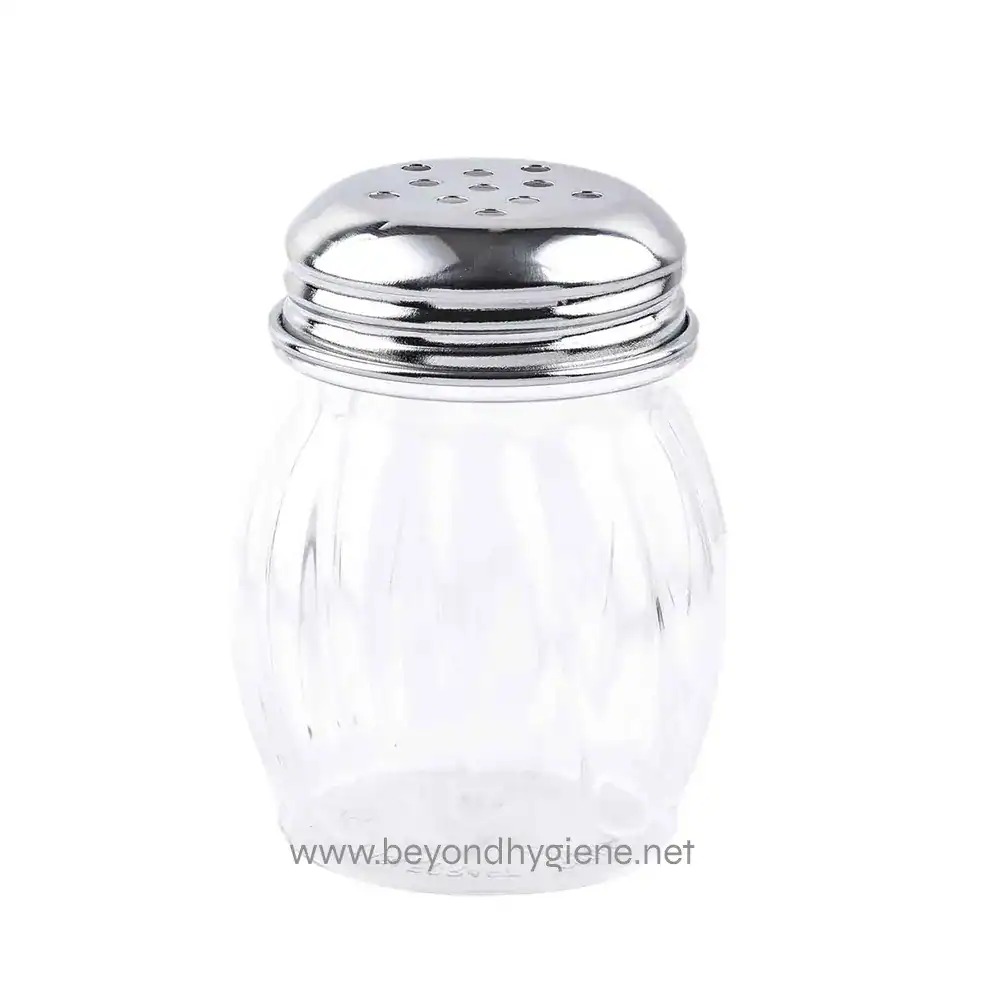 2 Stainless steel salt shaker with glass body, ideal for casual dining and table condiment storage, emphasizing hygiene and convenience.