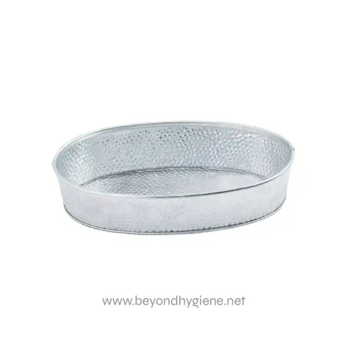 Stainless steel oval serving tray with textured surface for hygiene and durability, ideal for food presentation and catering in commercial and hospitality settings.