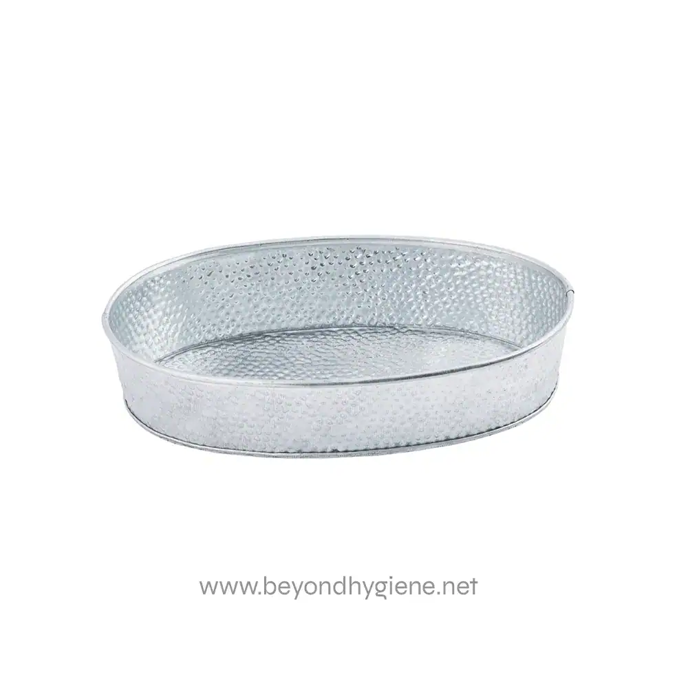 2 Stainless steel oval serving tray with textured surface for hygiene and durability, ideal for food presentation and catering in commercial and hospitality settings.