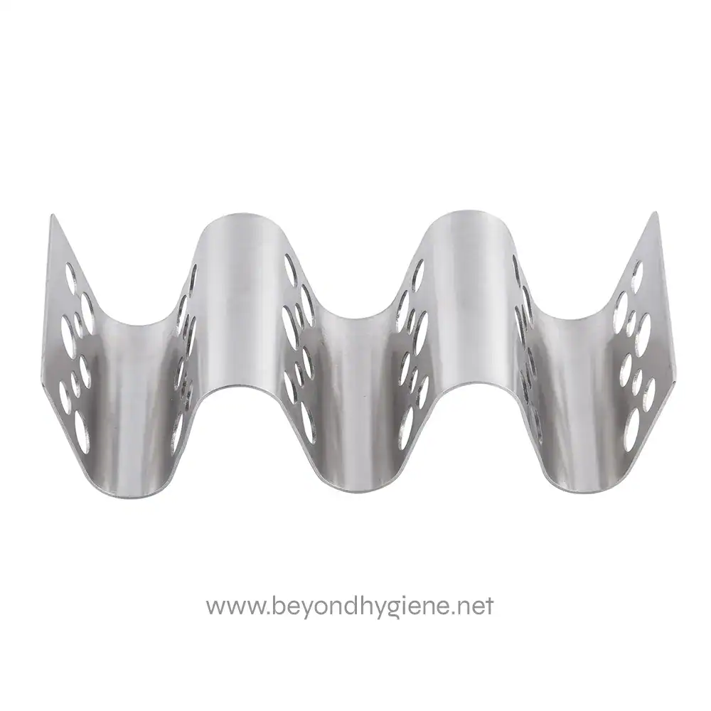 2 Stainless steel dental instrument holder with curved design, used for organizing and sterilizing dental tools efficiently in healthcare settings.