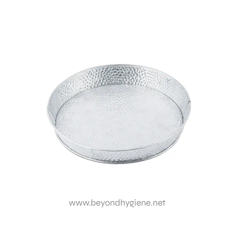 2 Shiny silver textured round serving tray with a hammered finish for elegant presentation. Perfect for catering, buffets, and food display in commercial and event settings.
