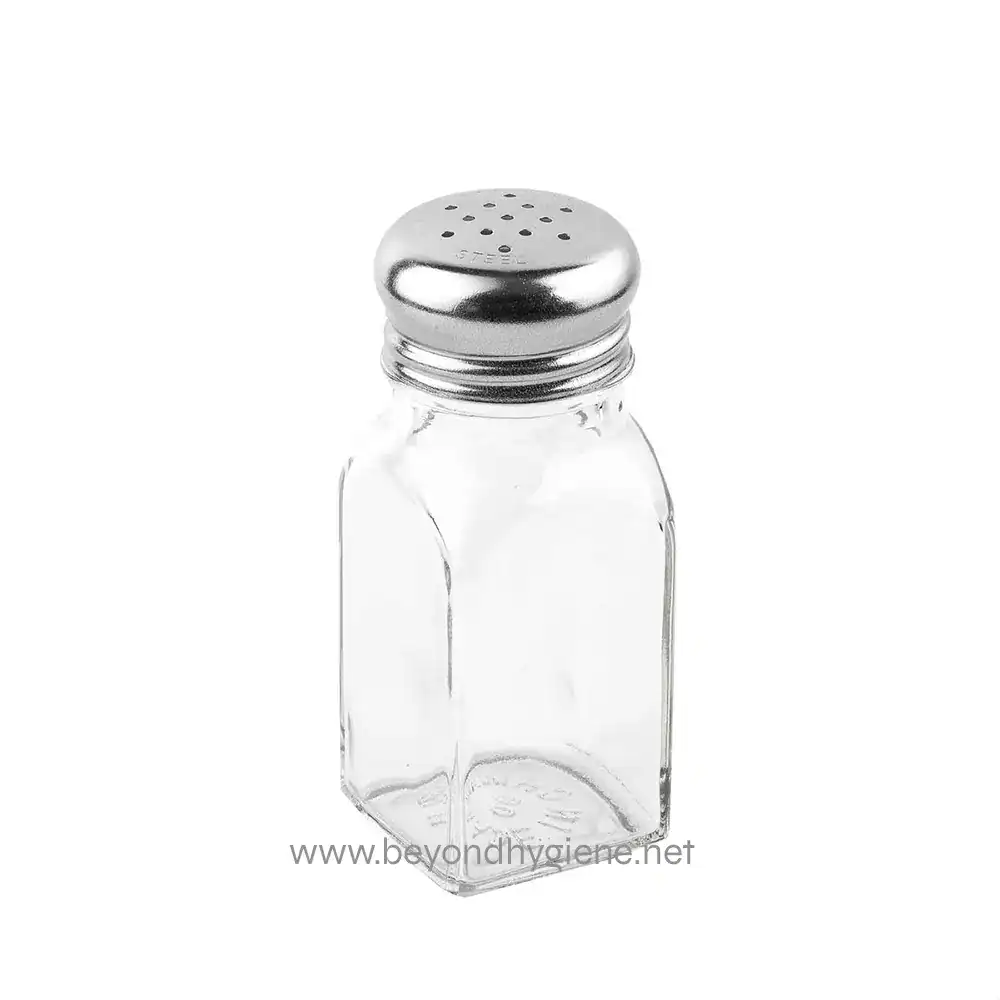 2 Stainless steel salt shaker on a plain white background for hygiene and sanitation.