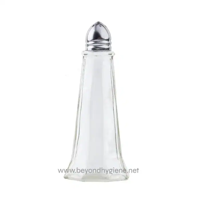 Salt shaker, clear glass condiment container for restaurants and homes. Perfect for seasoning food, durable, and stylish, ideal for hygiene-conscious environments.