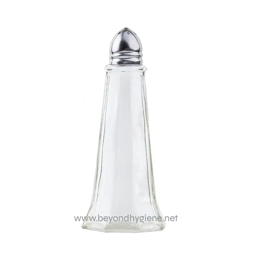 2 Salt shaker, clear glass condiment container for restaurants and homes. Perfect for seasoning food, durable, and stylish, ideal for hygiene-conscious environments.