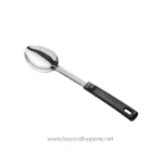 Stainless steel soup ladle with black handle for commercial and restaurant kitchen use. Durable, hygienic, easy to clean, perfect for serving soups, stews, and liquids.