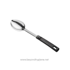 Stainless steel soup ladle with black handle for commercial and restaurant kitchen use. Durable, hygienic, easy to clean, perfect for serving soups, stews, and liquids.
