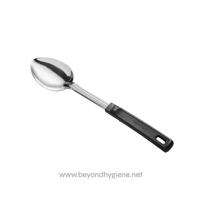 Stainless steel soup ladle with black handle for commercial and restaurant kitchen use. Durable, hygienic, easy to clean, perfect for serving soups, stews, and liquids.