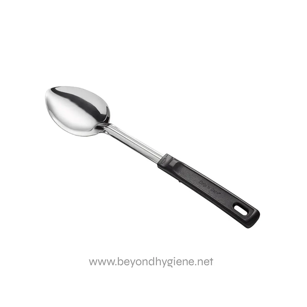 2077271 Stainless steel soup ladle with black handle for commercial and restaurant kitchen use. Durable, hygienic, easy to clean, perfect for serving soups, stews, and liquids.