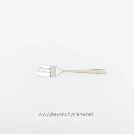 Stainless steel fork on white background, clean and hygienic, suitable for restaurant, catering, or food service settings.