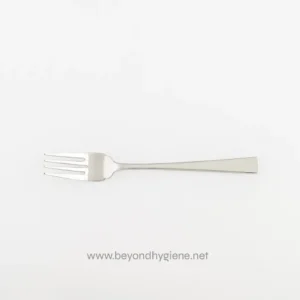 Stainless steel fork with a sleek design, suitable for food service or catering venues emphasizing hygiene and durability.