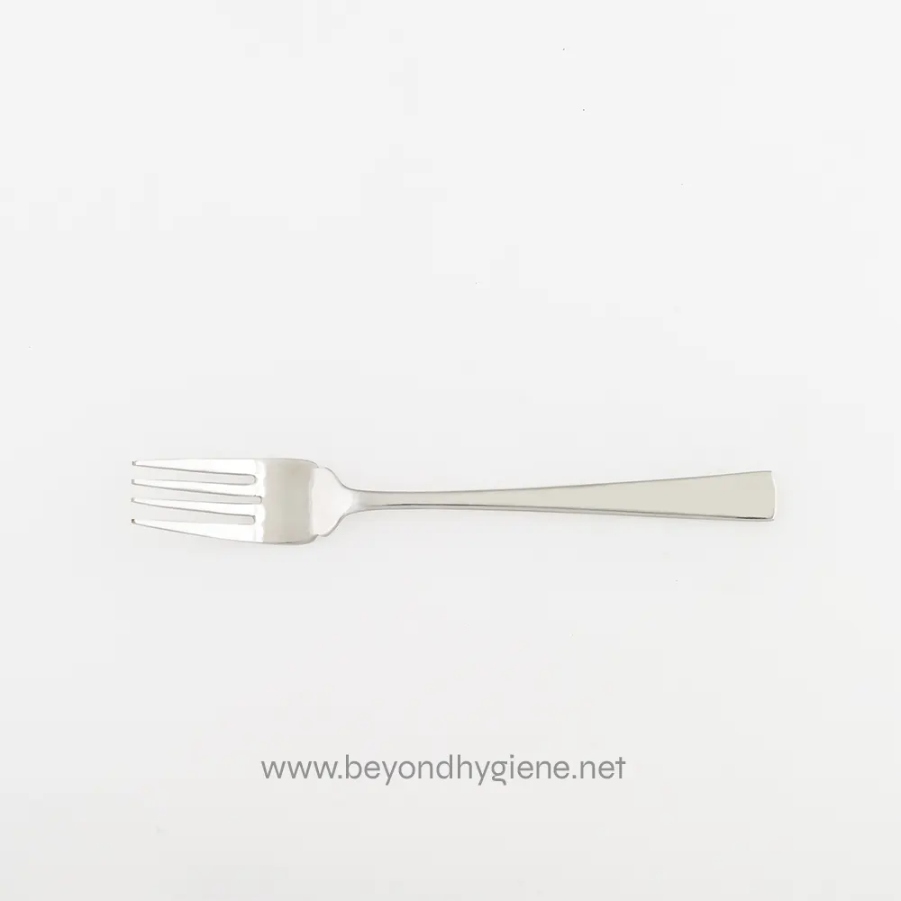 21111-21 Stainless steel fork with a sleek design, suitable for food service or catering venues emphasizing hygiene and durability.
