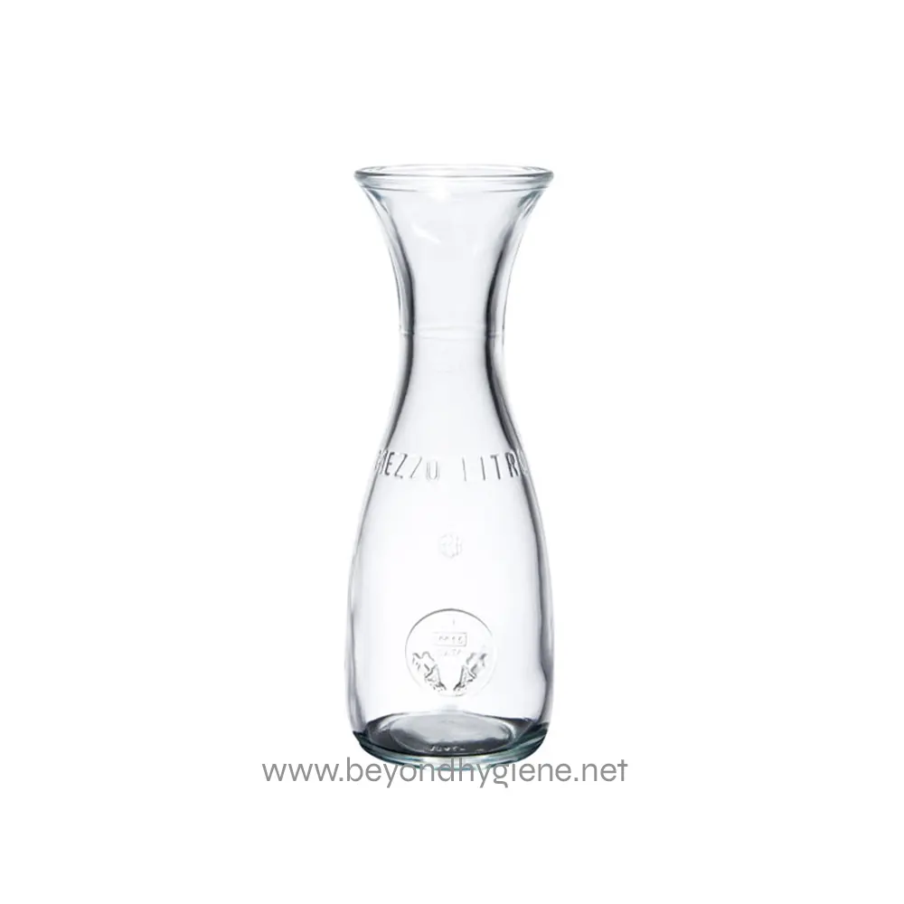 Bottle of glassware with a narrow neck, transparent and clear, suitable for hygiene or sanitation purposes, showcasing precision and quality in design.