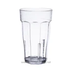 Clear plastic tumbler glass for beverages, durable and reusable. Perfect for cold drinks, smoothies, or water in commercial or household settings. Eco-friendly drinkware option.