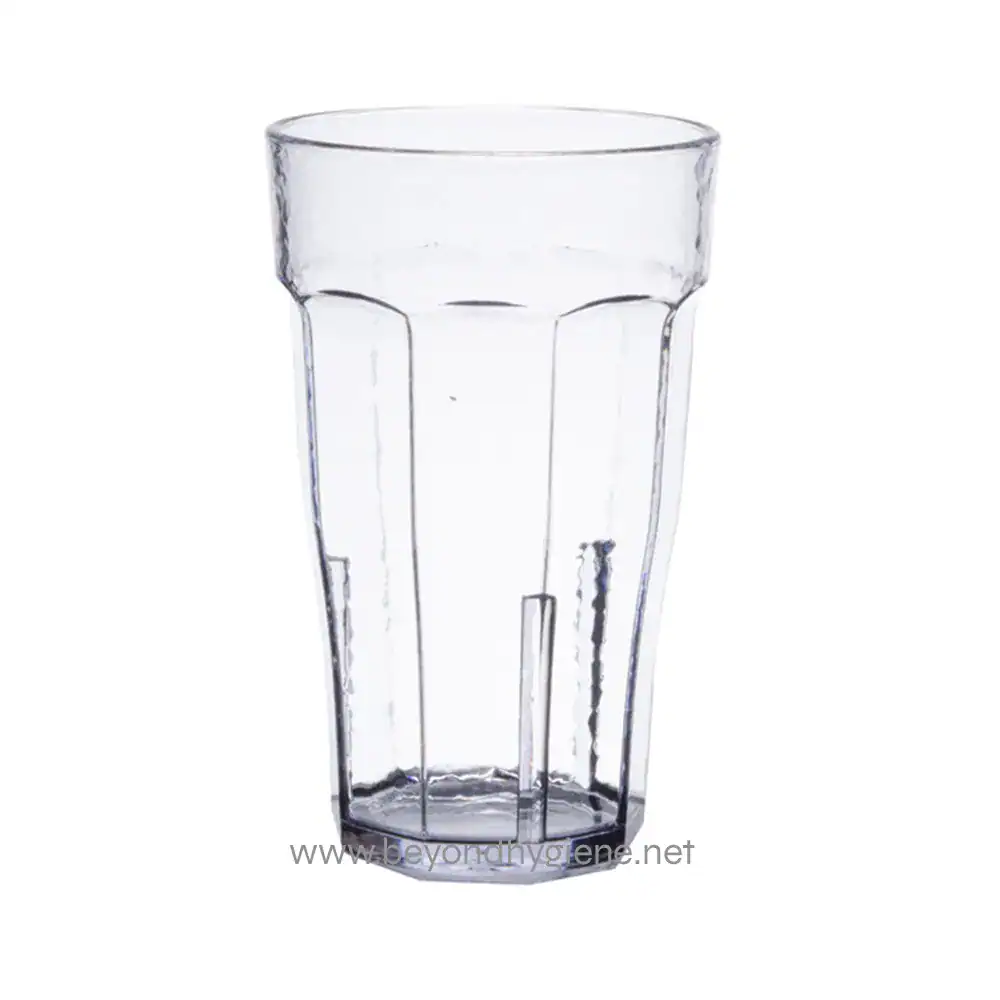 233930 Clear plastic tumbler glass for beverages, durable and reusable. Perfect for cold drinks, smoothies, or water in commercial or household settings. Eco-friendly drinkware option.
