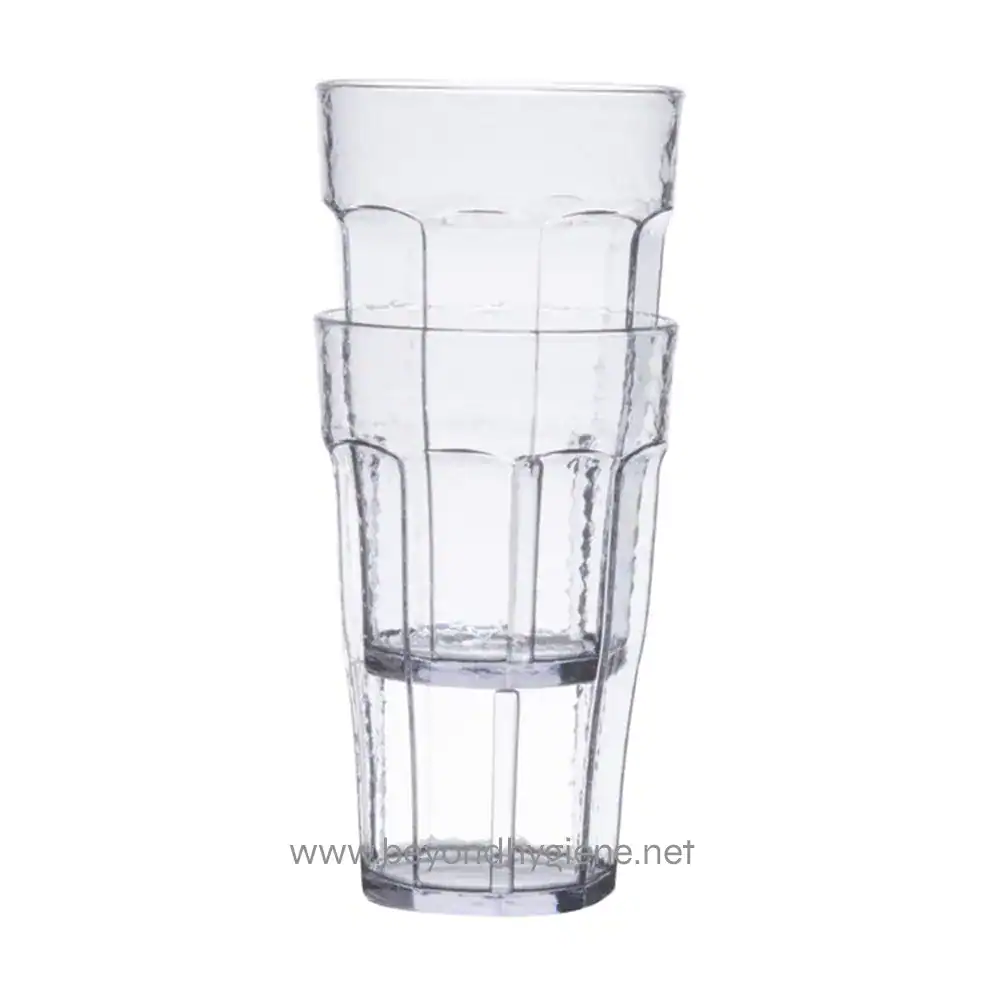 233944 Reusable plastic water glasses stacked together for drinking water hygiene and sanitation. Perfect for hygienic water dispensing and sanitation solutions in Asia.