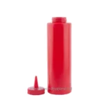 Red squeeze condiment bottle with a pointed nozzle, commonly used for sauces and condiments in food service. Stylish and practical, ideal for restaurants, cafes, and catering setups.