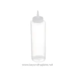 Bottle of sanitizer or disinfectant liquid with nozzle for hygiene cleaning.