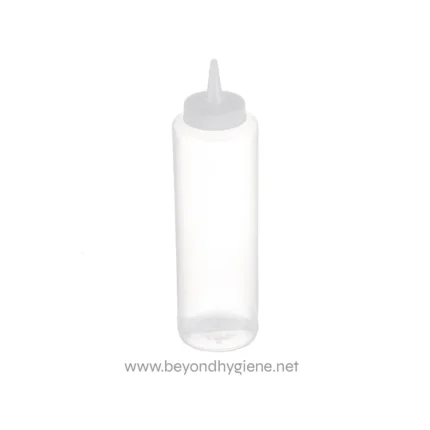 Bottle of sanitizer or disinfectant liquid with nozzle for hygiene cleaning.